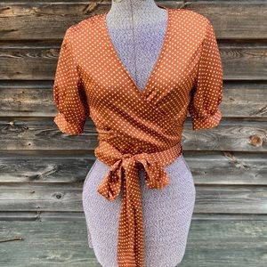 Brown & White Polka Dot Silky Wrap Top